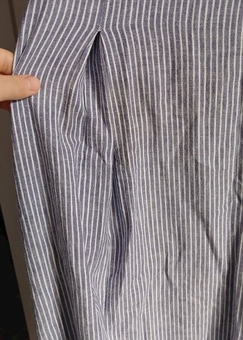 Gri Çizgili V Yaka Keten Uzun Elbise - Görsel 2