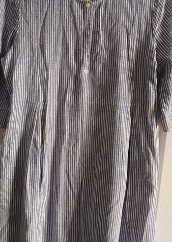 Gri Çizgili V Yaka Keten Uzun Elbise - Görsel 4