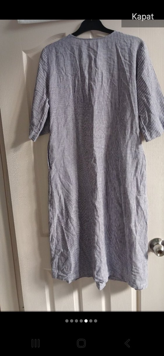 Gri Çizgili V Yaka Keten Uzun Elbise - Görsel 5