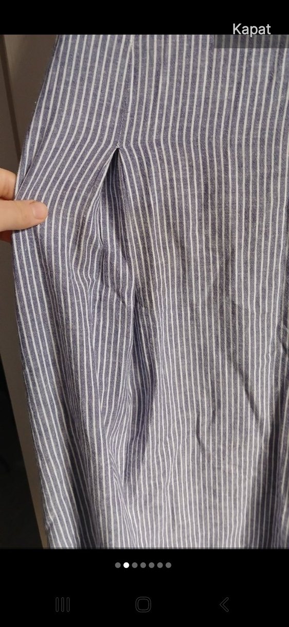 Gri Çizgili V Yaka Keten Uzun Elbise - Görsel 2