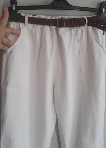 Beyaz Kemerli Kadın Keten Pantolon