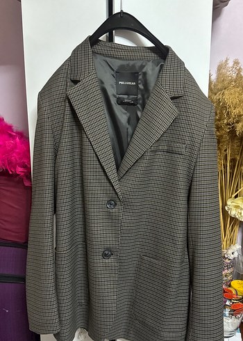 Pull and Bear Sik Gri Kahverengi Ekose Blazer Ceket