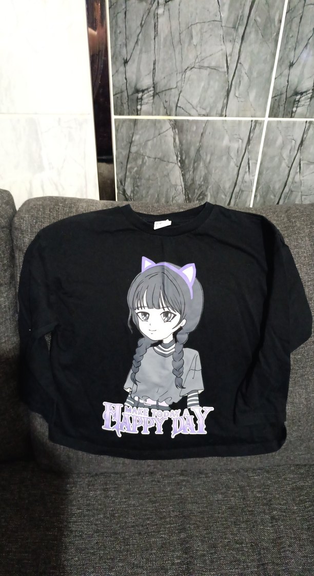 Kız Çocuk Siyah Uzun Kollu Baskılı Tişört - Görsel 2