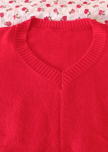 Kırmızı Örgü Kolsuz Salaş Kadın Kazak - Görsel 5