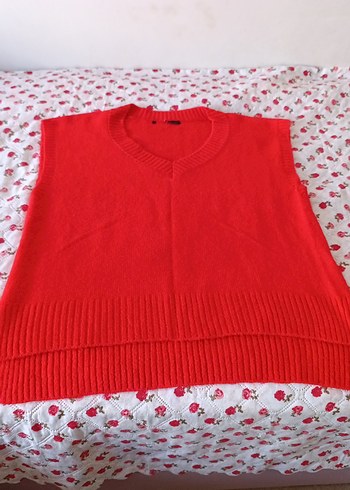 Kırmızı Örgü Kolsuz Salaş Kadın Kazak - Görsel 2