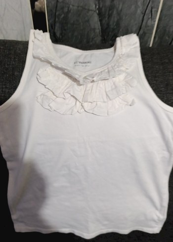 Fırfırlı Beyaz Keten Kolsuz Mini Bluz - Görsel 5