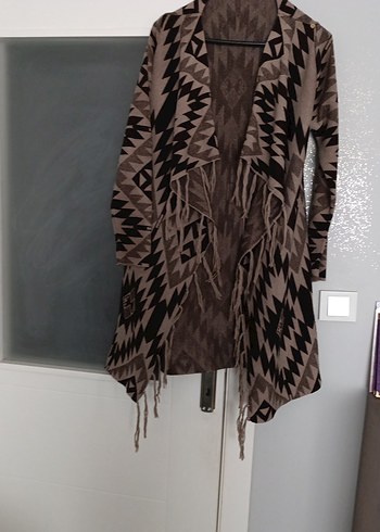 Bohem Tarz Uzun Kahverengi Desenli Hırka - Görsel 2