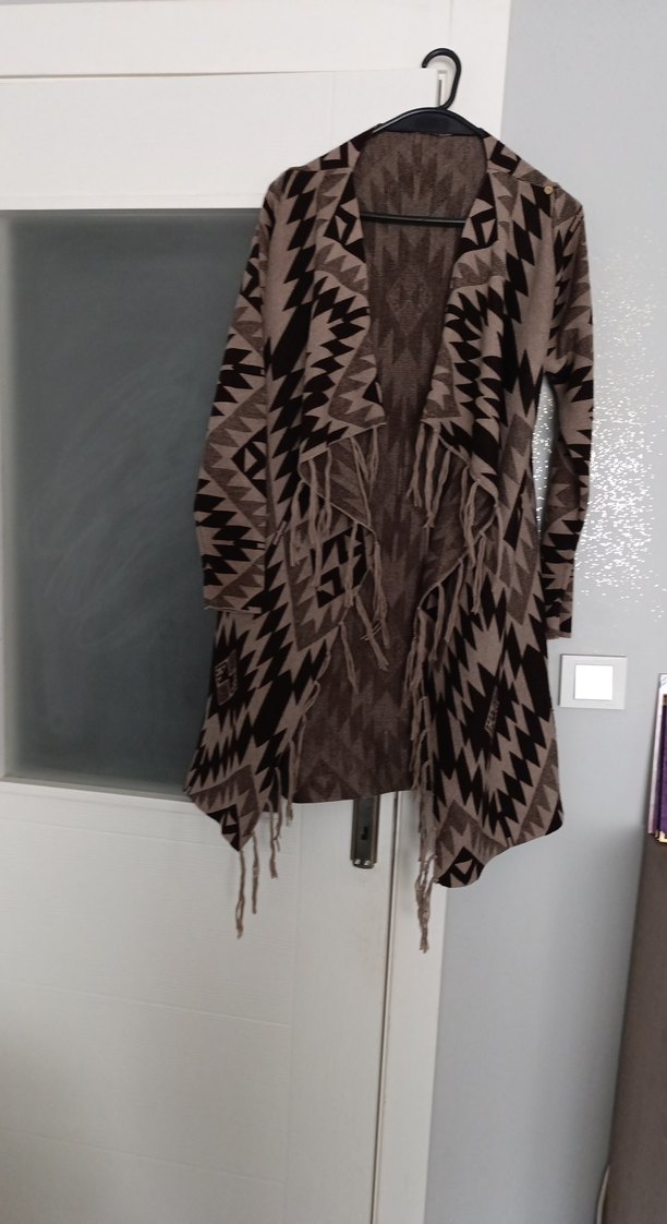 Bohem Tarz Uzun Kahverengi Desenli Hırka - Görsel 2