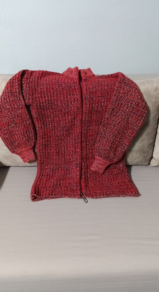 Uzun Kollu Kırmızı Örgü Kadın Kazak - Görsel 3