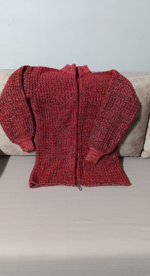 Uzun Kollu Kırmızı Örgü Kadın Kazak - Görsel 2