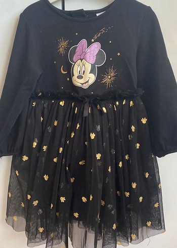 24-36 Ay Beden Kız Çocuk Siyah Uzun Kollu Minnie Mouse Elbise