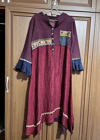 Bordo Bohem Uzun Elbise Düğmeli V Yakalı #elbise #bohem - Görsel 3