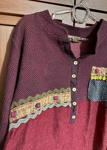 Bordo Bohem Uzun Elbise Düğmeli V Yakalı #elbise #bohem - Görsel 2