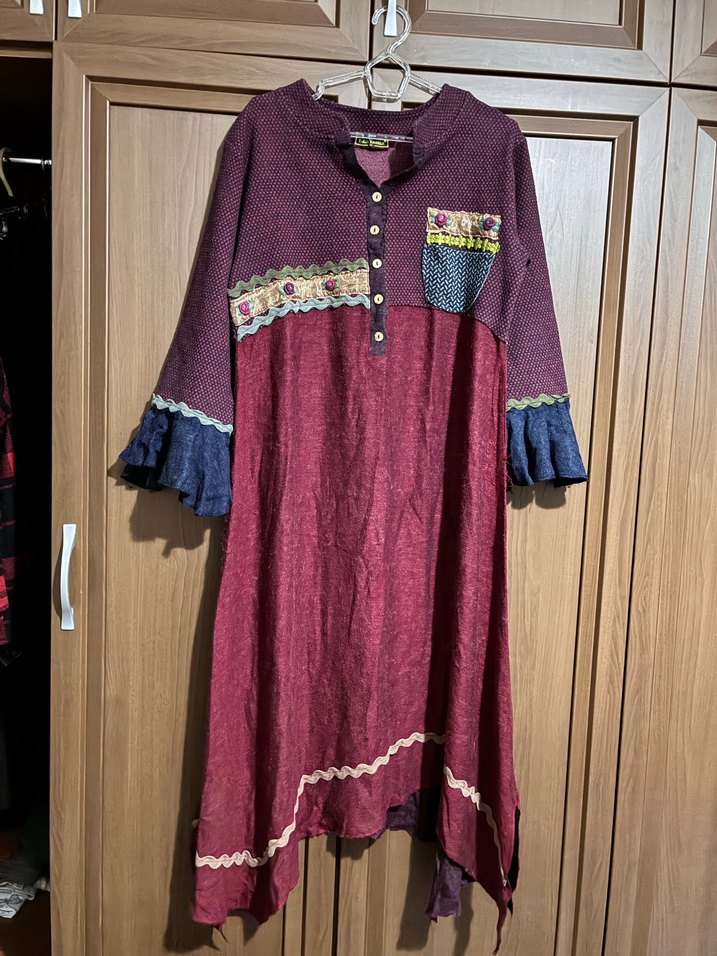 Bordo Bohem Uzun Elbise Düğmeli V Yakalı #elbise #bohem - Görsel 3