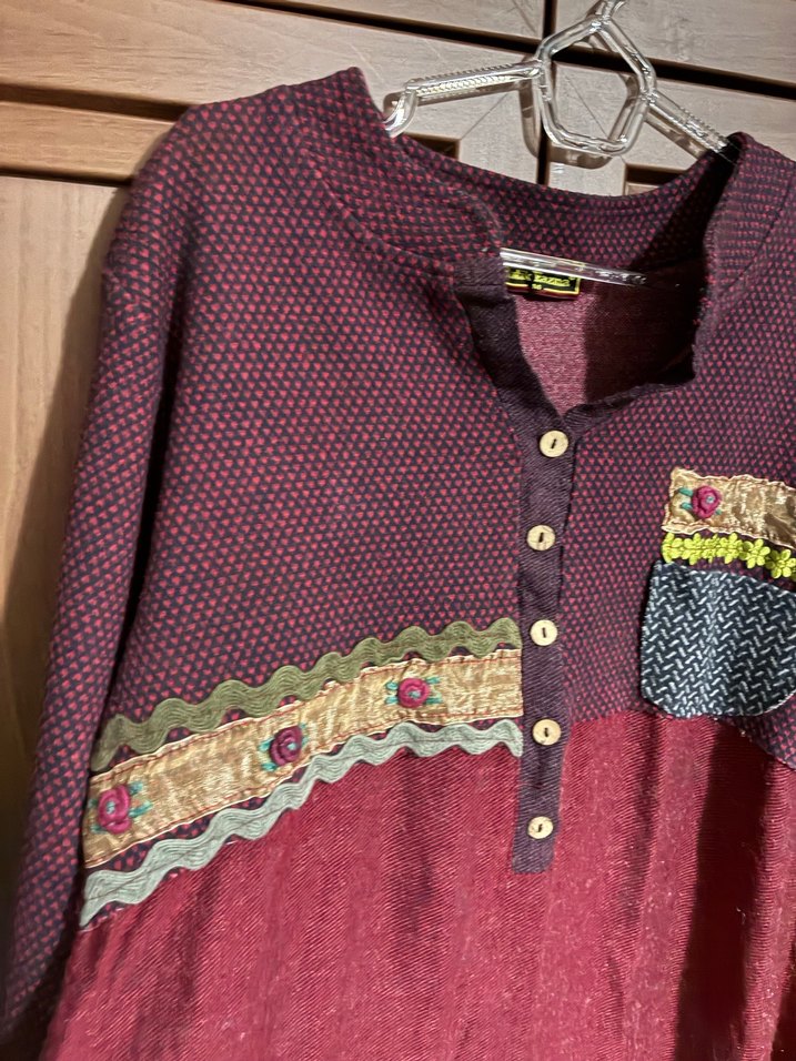 Bordo Bohem Uzun Elbise Düğmeli V Yakalı #elbise #bohem - Görsel 2