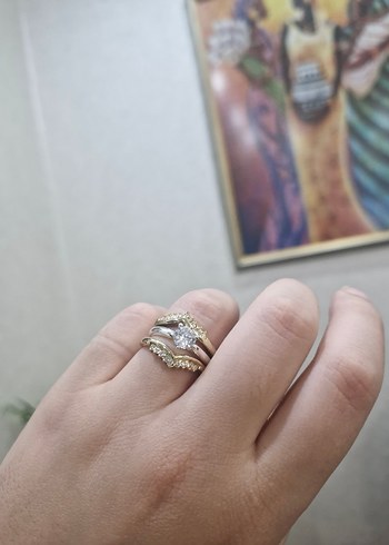 Taş Detaylı Altın Renkli Modern Klasik Çoklu Yüzük - Görsel 2