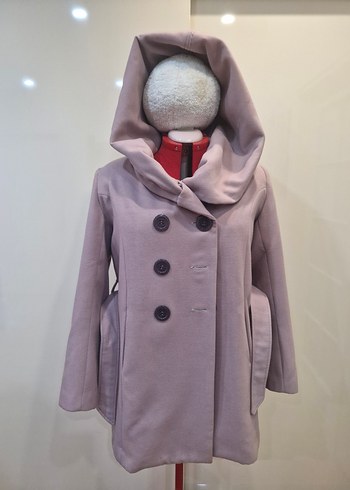 Kapüşonlu, çift düğmeli lila kaşe kaban - Görsel 2