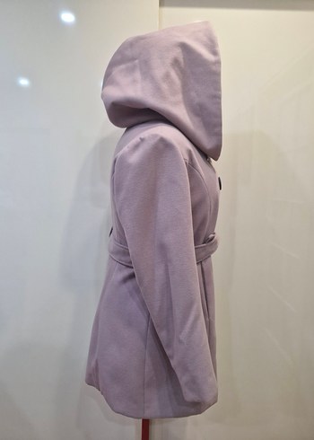 Kapüşonlu, çift düğmeli lila kaşe kaban - Görsel 5
