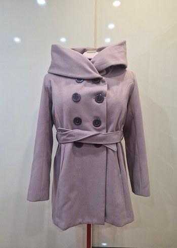 Kapüşonlu, çift düğmeli lila kaşe kaban - Görsel 3