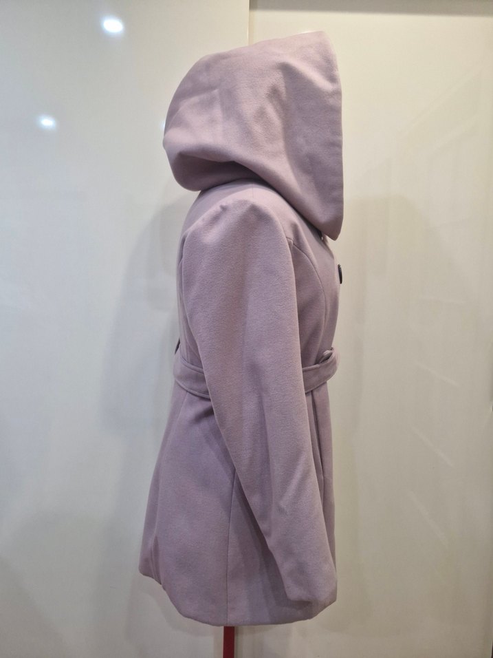 Kapüşonlu, çift düğmeli lila kaşe kaban - Görsel 5