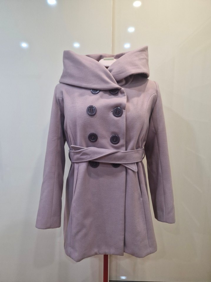 Kapüşonlu, çift düğmeli lila kaşe kaban - Görsel 3