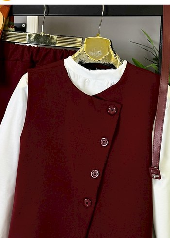 Bordo Düğmeli Uzun Kadın Takım - Görsel 2