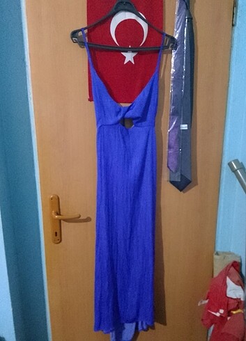 Askılı elbise abiye mavi