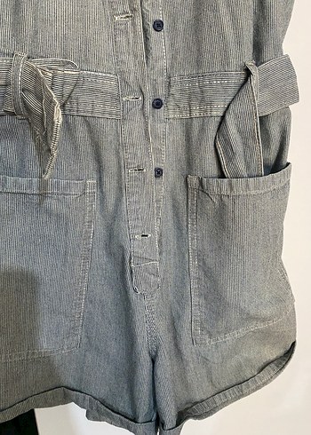 l Beden Gri Denim Kısa Tulum, Düğmeli, Salaş Kesim