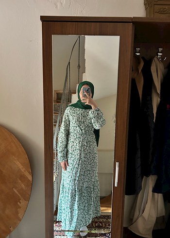 38 Beden Yeşil Bohem Uzun Kollu Uzun Elbise