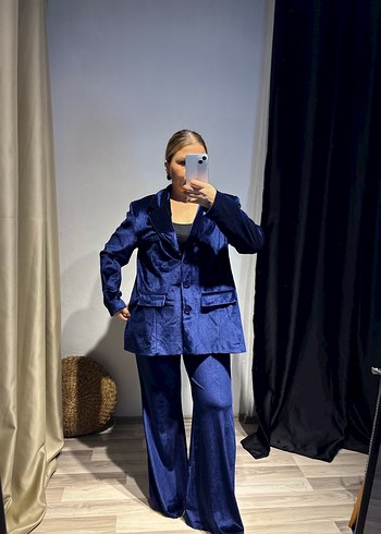 Düğmeli Lacivert Kadın Denim Blazer takım - Görsel 5