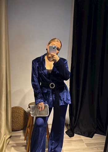 Düğmeli Lacivert Kadın Denim Blazer takım - Görsel 4