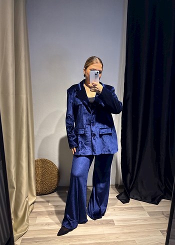 Düğmeli Lacivert Kadın Denim Blazer takım - Görsel 2