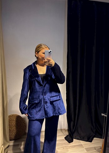 Düğmeli Lacivert Kadın Denim Blazer takım - Görsel 6