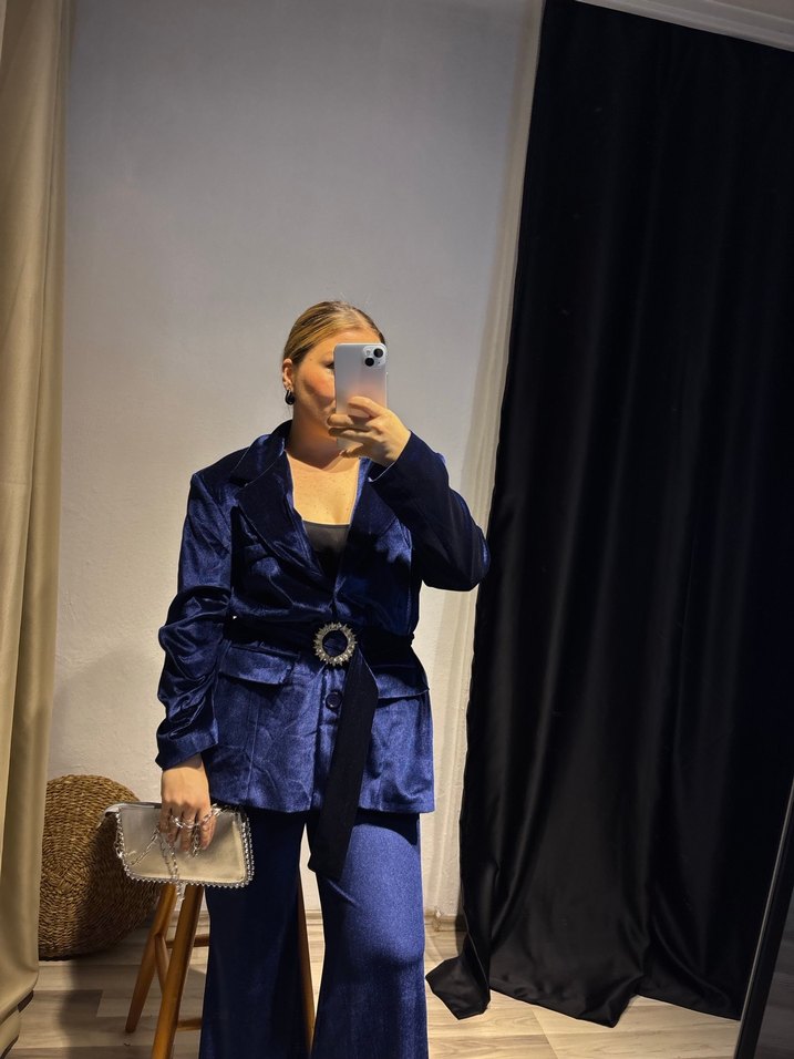 Düğmeli Lacivert Kadın Denim Blazer takım - Görsel 3