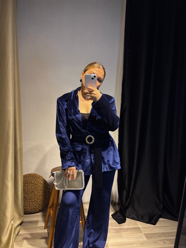 Düğmeli Lacivert Kadın Denim Blazer takım - Görsel 4