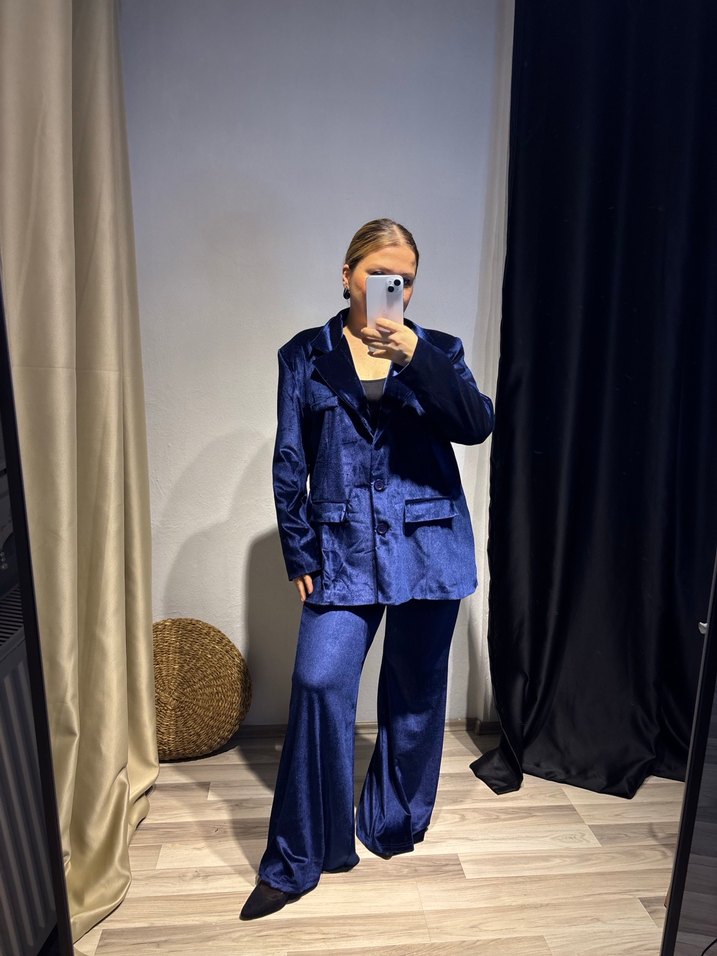 Düğmeli Lacivert Kadın Denim Blazer takım - Görsel 2