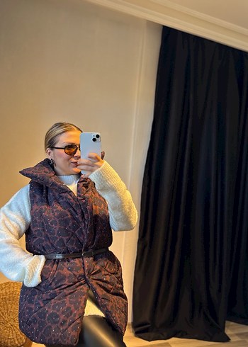 Kadın Gri Bağlamalı Desenli Kürklü Puff Yelek - Görsel 5