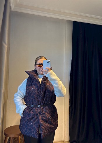 Kadın Gri Bağlamalı Desenli Kürklü Puff Yelek - Görsel 6