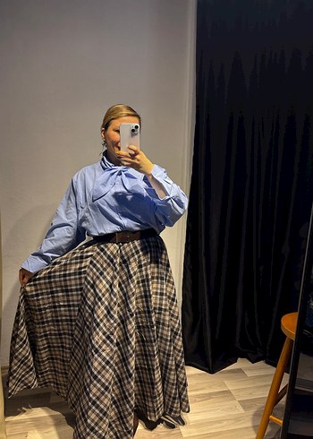 Mavi Ekose Desenli Pamuk Midi Etek - Görsel 2