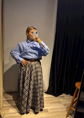 Mavi Ekose Desenli Pamuk Midi Etek - Görsel 3