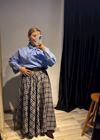 Mavi Ekose Desenli Pamuk Midi Etek - Görsel 4