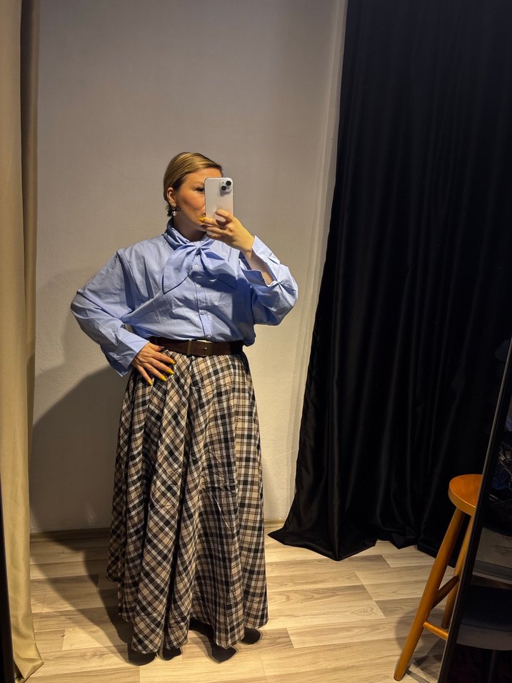 Mavi Ekose Desenli Pamuk Midi Etek - Görsel 3