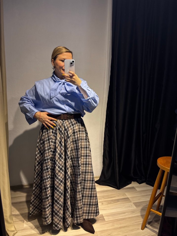 Mavi Ekose Desenli Pamuk Midi Etek - Görsel 4