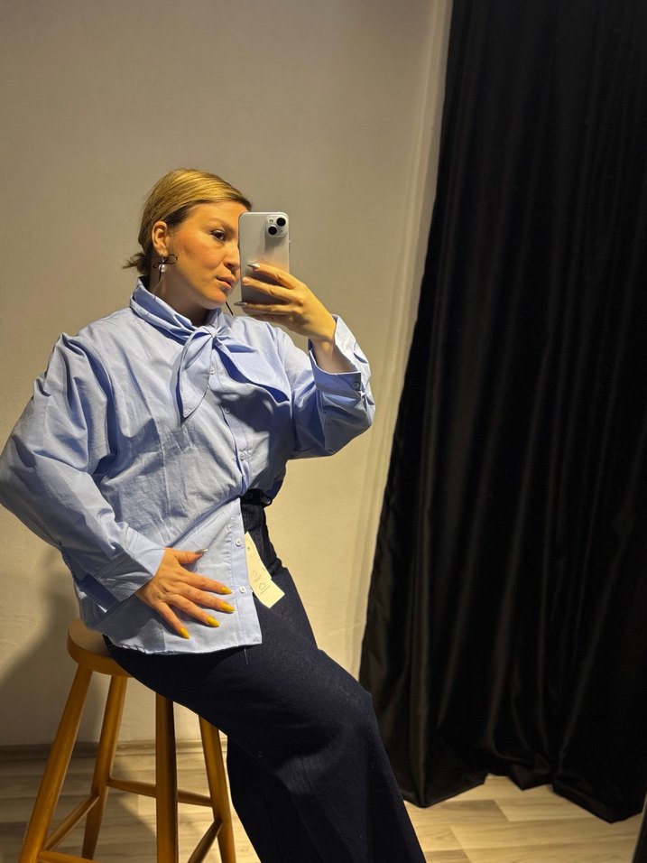 Poplin fularlı gömlek - Görsel 2