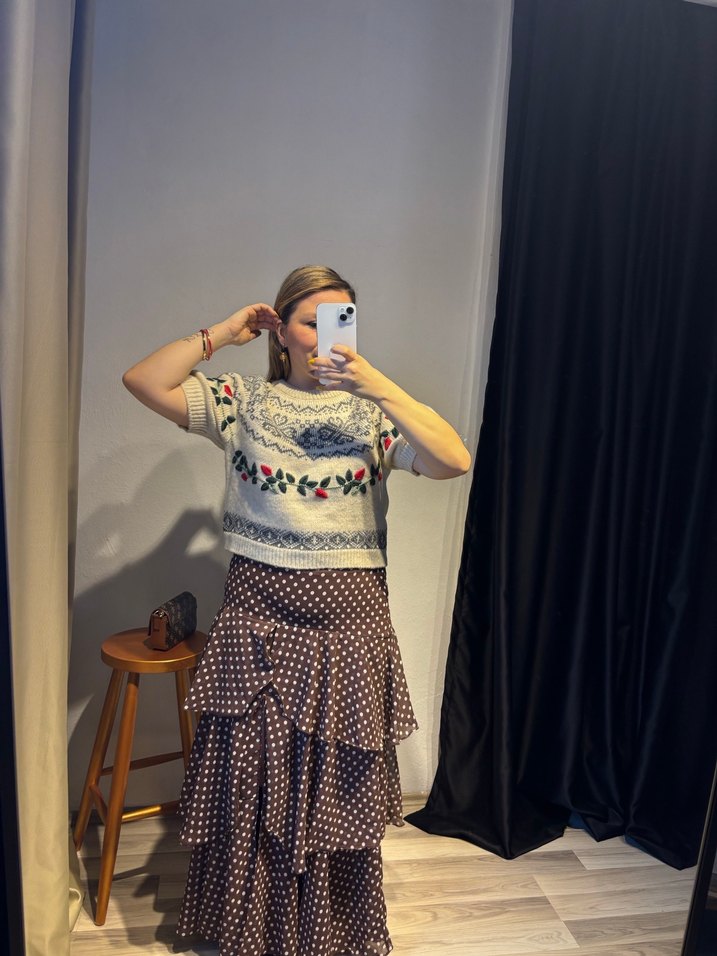 Bohem Tarzda Pilili Uzun Kahverengi Etek - Görsel 2