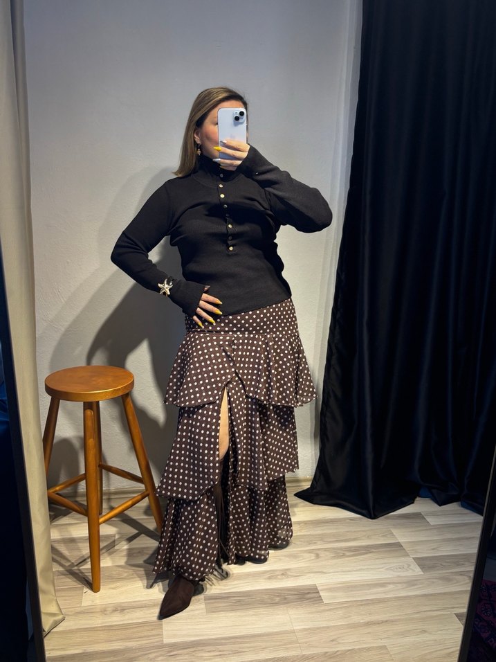 Bohem Tarzda Pilili Uzun Kahverengi Etek - Görsel 4