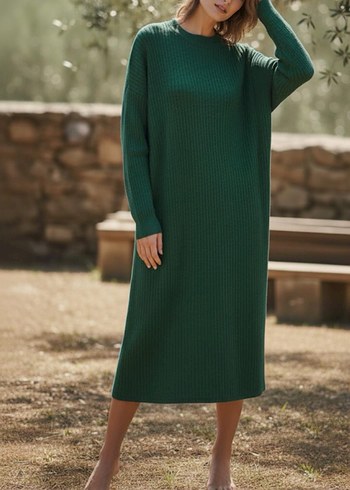 Kadın Haki Triko Uzun Elbise - Görsel 2