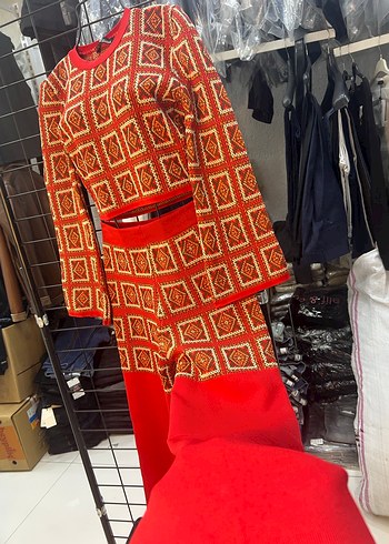 Kadın Kırmızı Örgü Desenli Uzun Kollu Tulum - Görsel 5