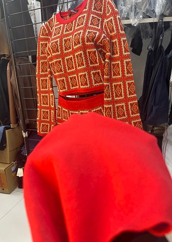 Kadın Kırmızı Örgü Desenli Uzun Kollu Tulum - Görsel 4