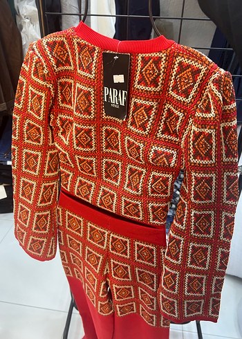 Kadın Kırmızı Örgü Desenli Uzun Kollu Tulum - Görsel 3